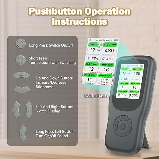 11-in-1 Air Quality Monitor - Portable Indoor Air Quality Detector with Stand, Real-Time Test for AQI, CO2, alternate view 8
