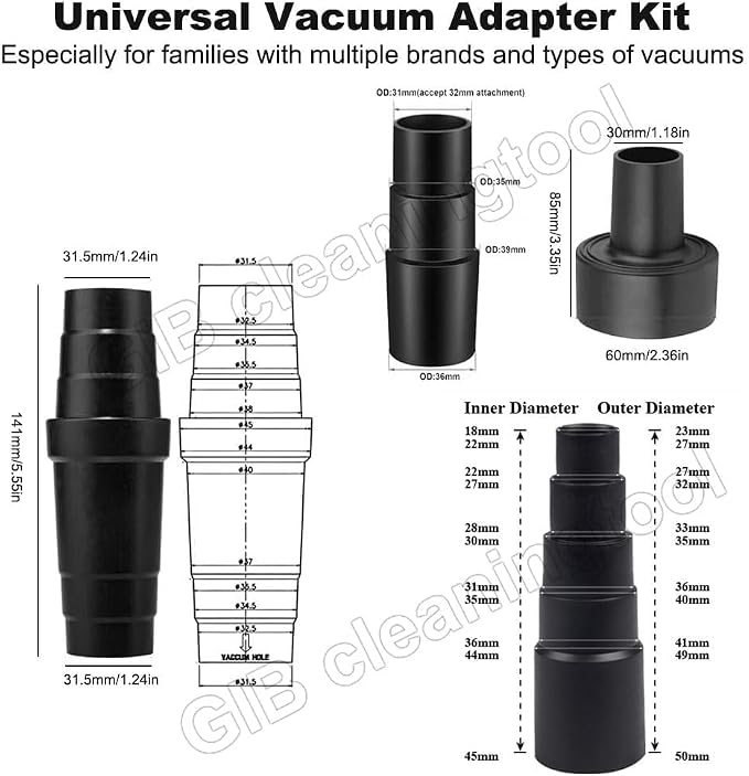 11 Pcs Household Vacuum Attachments for Accessories - 2 1/2" to 1 1/4" Vacuum Hose Adapter, 1 7/8" to 1" Adapter for
