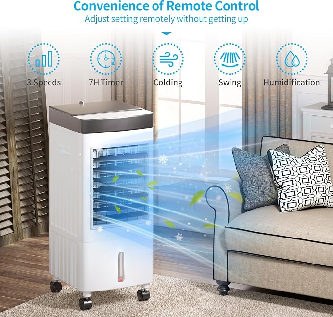 110V Evaporative Air Cooler with 2.6 Gal Water Tank, 3 IN 1 Portable Air Conditioners with Remote, Portable Air Cooler with