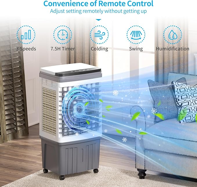 110V Evaporative Air Cooler with 6.6 Gal Water Tank, 3 IN 1 Portable Air Conditioners with Remote, Portable Air Cooler with