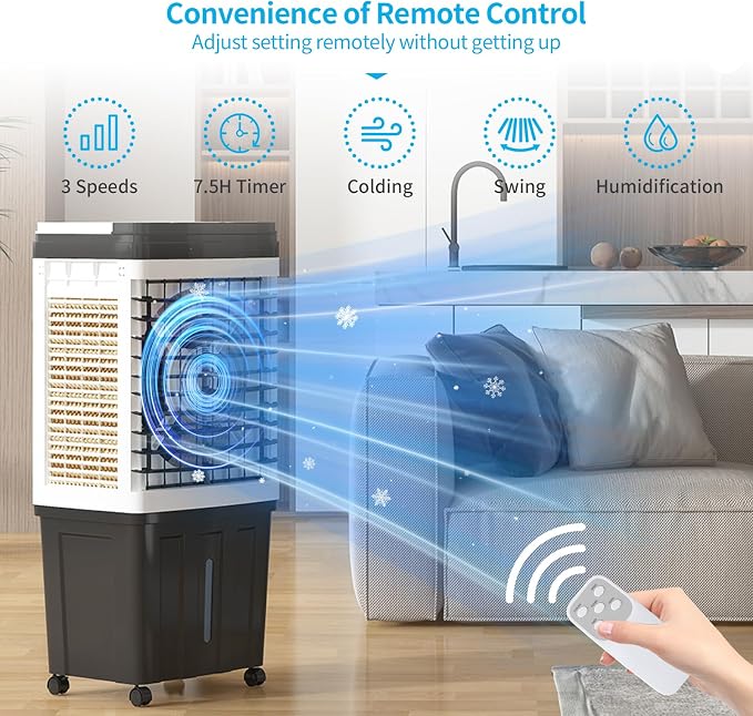 110V Evaporative Air Cooler with 9.3 Gal Water Tank, 3 IN 1 Portable Air Conditioners with Remote, Portable Air Cooler with