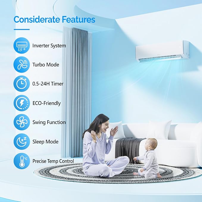 11500 BTU Mini Split Air Conditioner & Heater, 17 SEER2 115V Energy Saving Inverter Ductless Wall AC Unit for Rooms up to 550