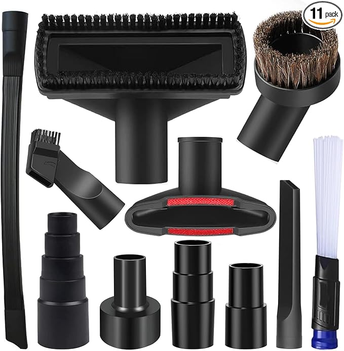 11PCS Universal Vacuum Attachment Kit Wet Dry Plastic Vacuum Hose Adapter 1-1/4" Vacuum Cleaners Accessories with Horse Hair