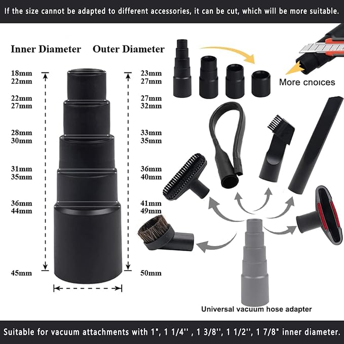 11PCS Universal Vacuum Attachment Kit Wet Dry Plastic Vacuum Hose Adapter 1-1/4" Vacuum Cleaners Accessories with Horse Hair
