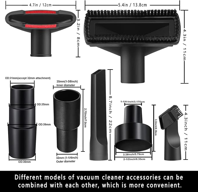 11PCS Universal Vacuum Attachment Kit Wet Dry Plastic Vacuum Hose Adapter 1-1/4" Vacuum Cleaners Accessories with Horse Hair