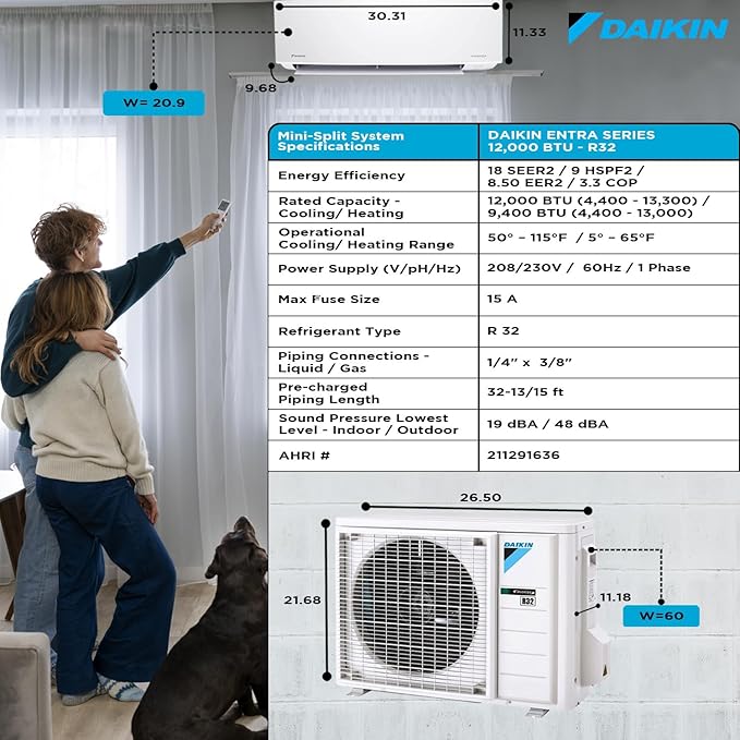 12,000 Btu 18 SEER2 Ductless Mini-Split Wall Mount Heat Pump Air Conditioner - R32 w/Installation Kit, 1/2 Whip, 30A