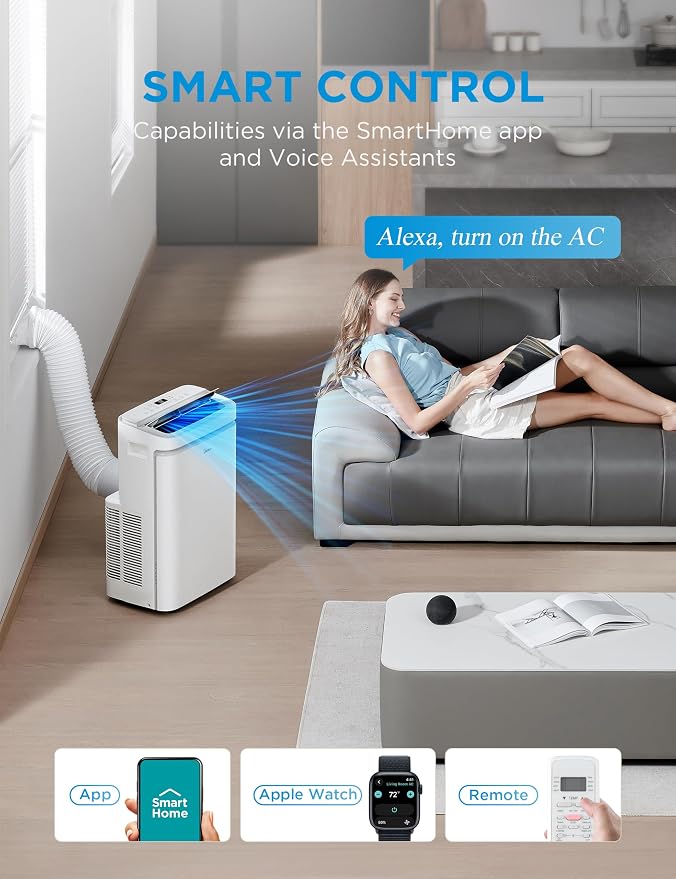 12,000 BTU ASHRAE (8,000 BTU SACC) Portable Air Conditioner, Cools up to 350 Sq.Ft., with Dehumidifier & Fan mode, Control