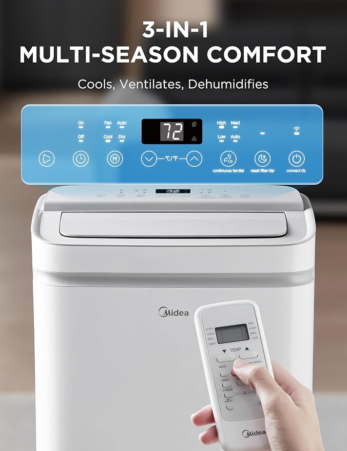 12,000 BTU ASHRAE (8,000 BTU SACC) Portable Air Conditioner, Cools up to 350 Sq.Ft., with Dehumidifier & Fan mode, Control