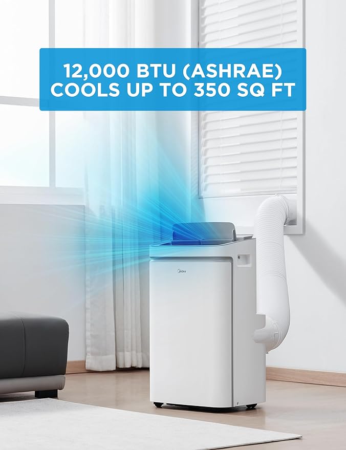12,000 BTU ASHRAE (8,000 BTU SACC) Portable Air Conditioner, Cools up to 350 Sq.Ft., with Dehumidifier & Fan mode, Control
