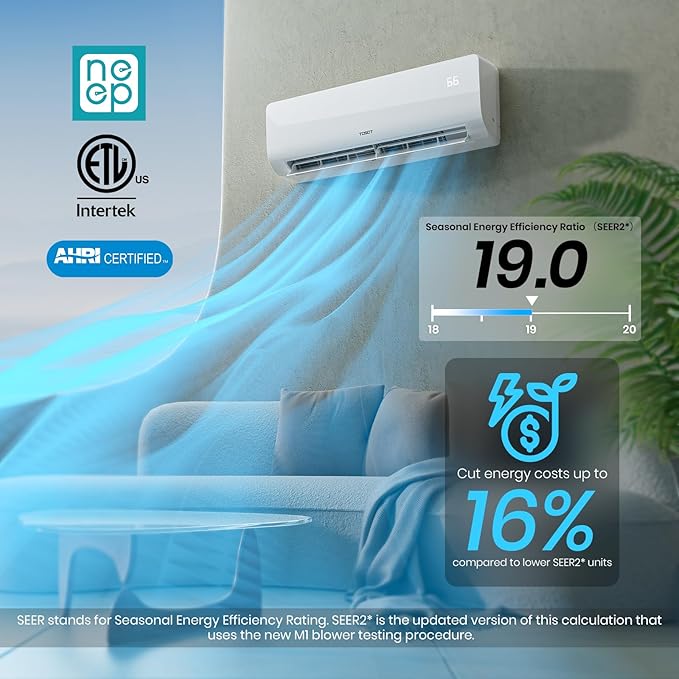 12,000 BTU Mini Split Air Conditioner & Heater, 19 SEER2 Ductless Inverter AC with WiFi, Alexa Compatibility, 208-230V, 16ft
