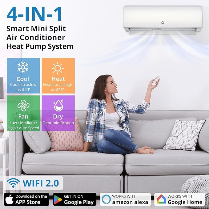 12,000 BTU Mini Split Air Conditioner & Heater, 21 SEER2 Ultra Quiet 208-230V Ductless AC with WiFi & Alexa Control