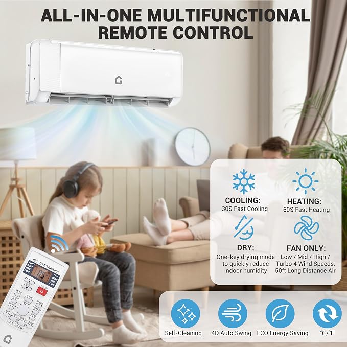 12,000 BTU Mini Split Air Conditioner with 22 SEER2 Efficiency,750 Sq.Ft Cooling/Heating, Energy Star Certified,Smart