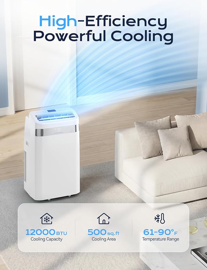 12,000 BTU Portable Air Conditioner, 4-in-1 AC Unit with Sleep, Cool, Dehumidifier & Fan, Cools up to 500 sq.ft, Remote
