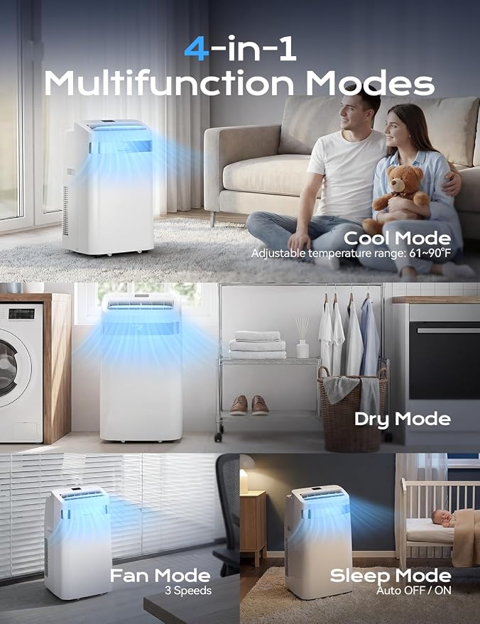 12,000 BTU Portable Air Conditioner, 4-in-1 AC Unit with Sleep, Cool, Dehumidifier & Fan, Cools up to 500 sq.ft, Remote