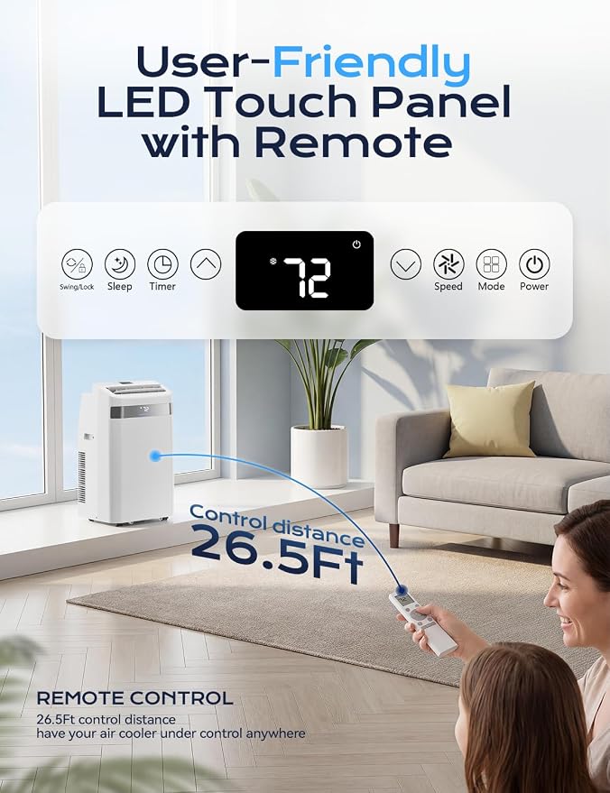 12,000 BTU Portable Air Conditioner, 4-in-1 AC Unit with Sleep, Cool, Dehumidifier & Fan, Cools up to 500 sq.ft, Remote
