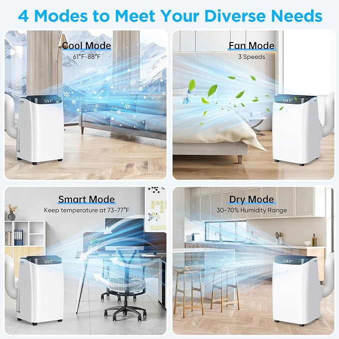 12,000 BTU Portable Air Conditioner Cools Up to 500 Sq.Ft, 3-IN-1 Energy Efficient Portable AC Unit with Remote Control &