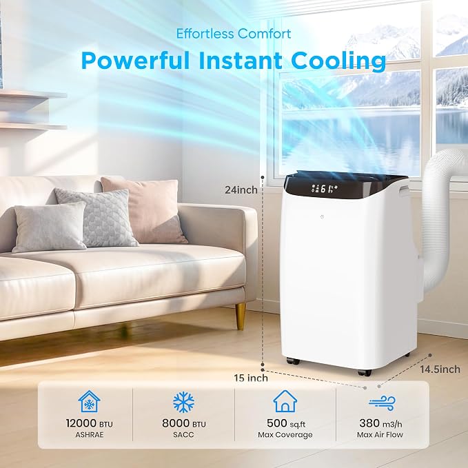 12,000 BTU Portable Air Conditioner Cools Up to 500 Sq.Ft, 3-IN-1 Energy Efficient Portable AC Unit with Remote Control &