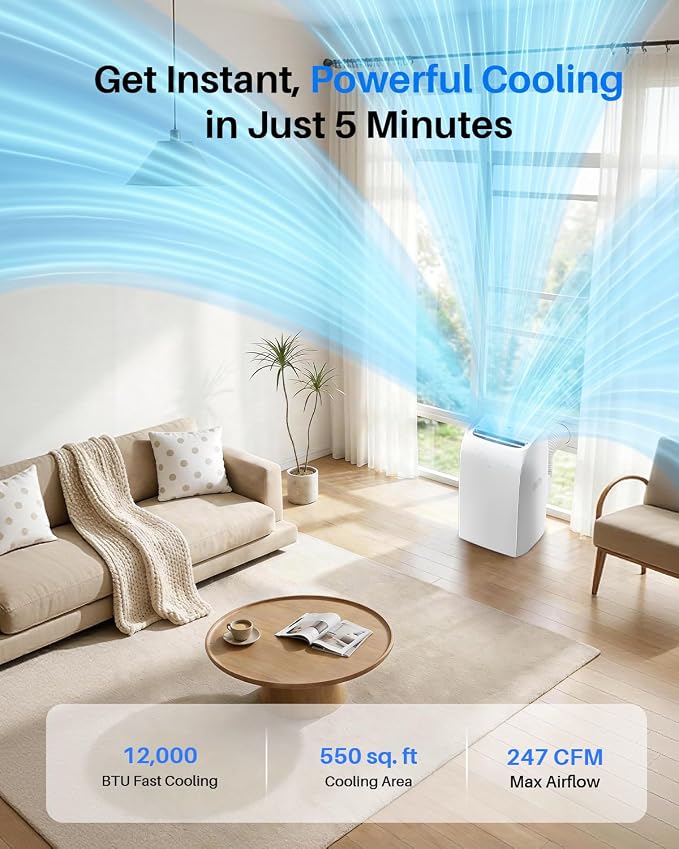 12,000 BTU Portable Air Conditioner - Multi-Function Portable AC Unit Cools Up to 550 Sq. Ft., with Ultra-Quiet(42db), Auto