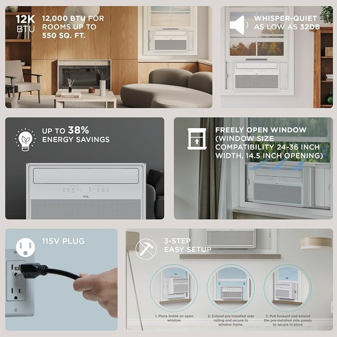 12,000 BTU Q-Series Smart Inverter Window AC, Ultra-Quiet 38dB Fan & 40dB Cooling, 38% Energy Saving, 3-Step Install