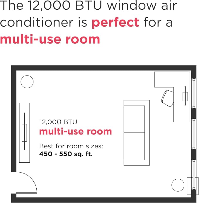 12,000 BTU Smart Window Air Conditioner with Wi-Fi, Cools Up to 550 Sq. Ft., Remote Control, Quiet Operation, Eco Mode, 3 Fan