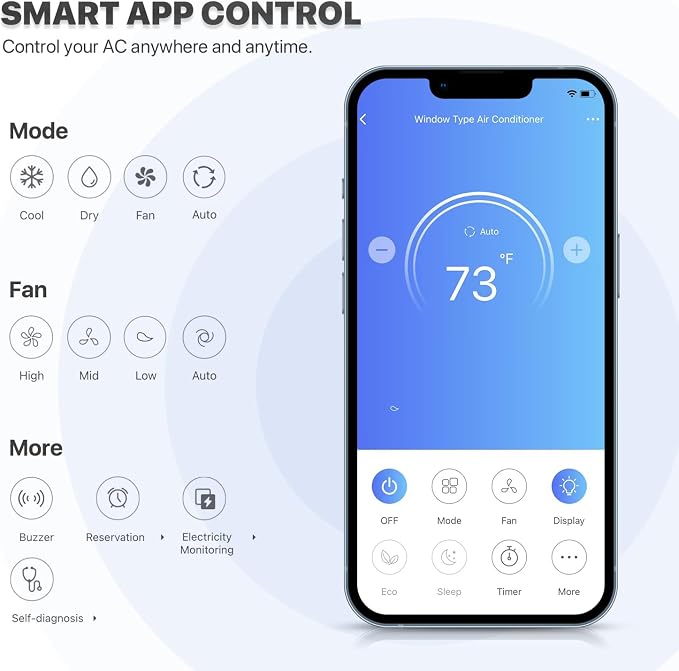 12,000 BTU Smart Window Conditioner with Wi-Fi Connected, Window AC Unit with Timer & Washable Filter, Ideal for Rooms up to