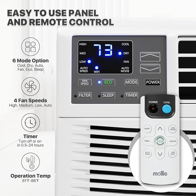 12,000 BTU Smart Window Conditioner with Wi-Fi Connected, Window AC Unit with Timer & Washable Filter, Ideal for Rooms up to