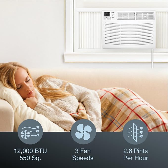 12,000 BTU Window Air Conditioner, 115V, Cools up to 550 Sq. Ft. for Bedroom, Living Room, Kitchen, with Remote Control, 24H