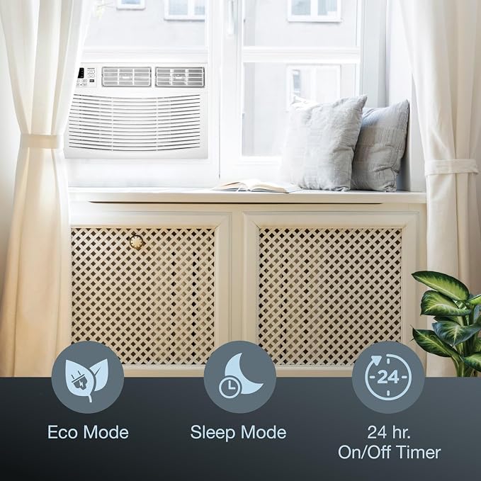 12,000 BTU Window Air Conditioner, 115V, Cools up to 550 Sq. Ft. for Bedroom, Living Room, Kitchen, with Remote Control, 24H