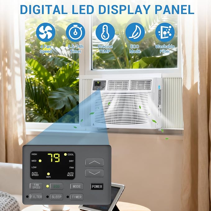12,000-BTU Window Air Conditioner, Smart WiFi Control, Window AC for Rooms Up to 550 Sq. ft, Fixed-Frequency Cooling with