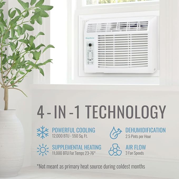 12,000 BTU Window Air Conditioner with 11,000 BTU Supplemental Heating and Dehumidification, 230V, Window AC Unit for Living