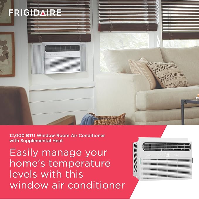 12,000 BTU Window Air Conditioner with Supplemental Heat, Cools & Heats Up to 550 Sq. Ft., Remote Control, Quiet Operation