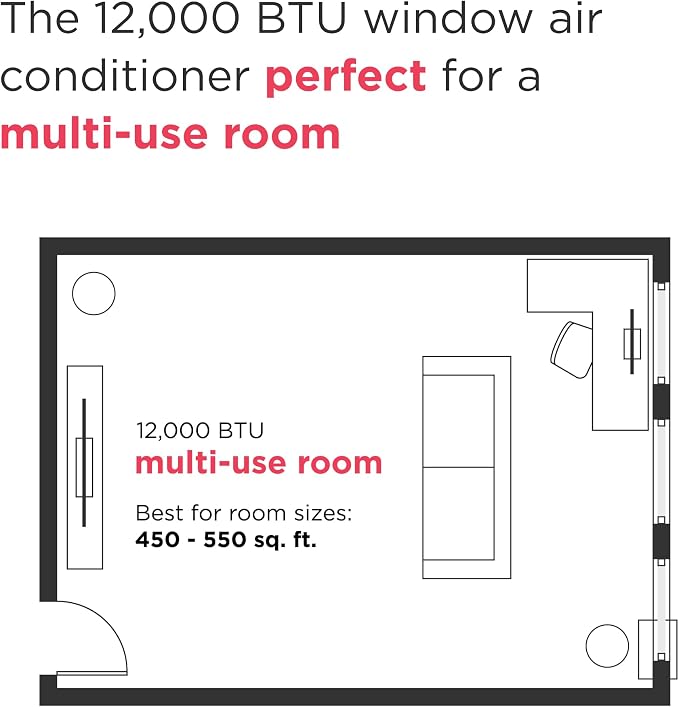 12,000 BTU Window Air Conditioner with Supplemental Heat, Cools & Heats Up to 550 Sq. Ft., Remote Control, Quiet Operation