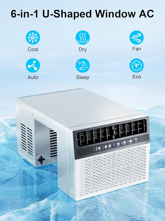 12,000BTU U Shaped Window Air Conditioner, 6-In-1 Window AC Unit With Adjustable Louvers-Cools up to 550 Sq Ft, 24H Timer, 3