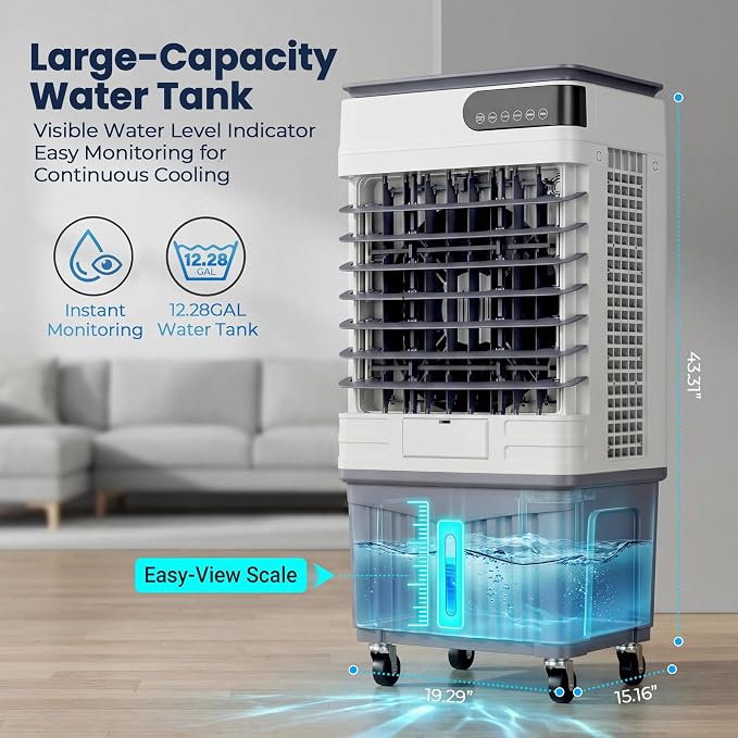 12.28 Gal Swamp Cooler Air Conditioners, 4-IN-1 Evaporative Cooler, 4 Ice Packs, Remote, 12H Timer, 120° Oscillation