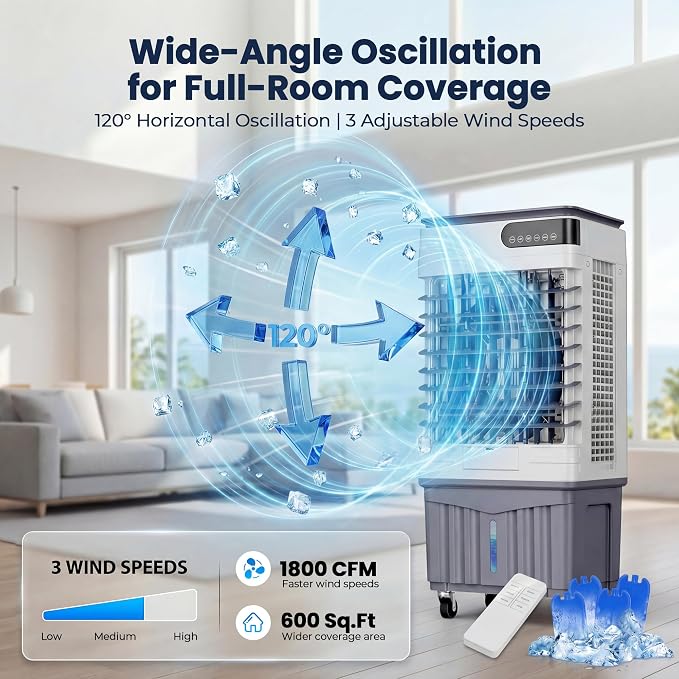 12.28 Gal Swamp Cooler Air Conditioners, 4-IN-1 Evaporative Cooler, 4 Ice Packs, Remote, 12H Timer, 120° Oscillation