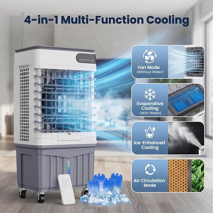 12.28 Gal Swamp Cooler Air Conditioners, 4-IN-1 Evaporative Cooler, 4 Ice Packs, Remote, 12H Timer, 120° Oscillation