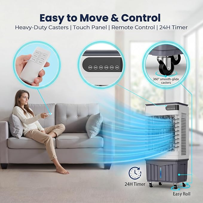 12.28 Gal Swamp Cooler Air Conditioners, 4-IN-1 Evaporative Cooler, 4 Ice Packs, Remote, 12H Timer, 120° Oscillation