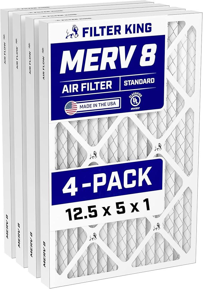 12.5x5x1 Air Filter (MERV 8) (4-Pack) Dust & Allergy Control AC Furnace Filters, MADE IN USA, HVAC, Pleated, product image