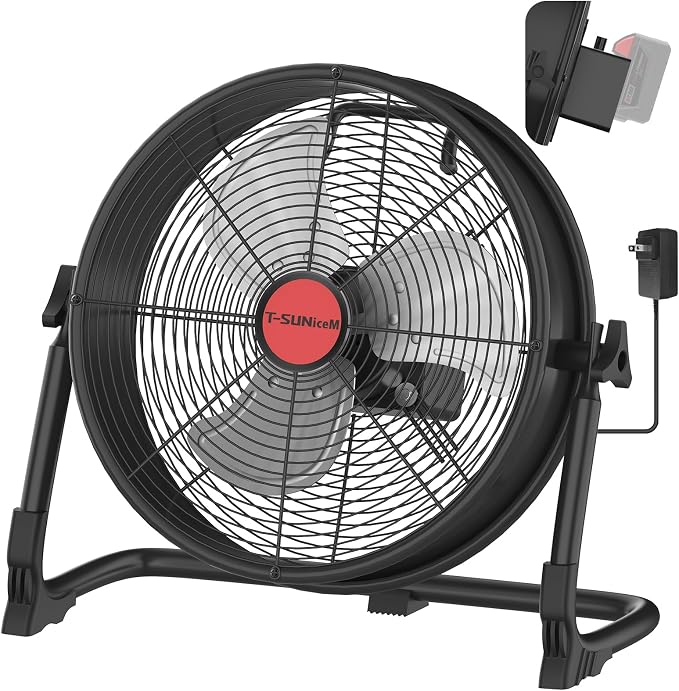 12" Battery Operated Floor Fan Compatible with M18 18V Battery, Portable Fan with AC Adapter and USB Output, Metal