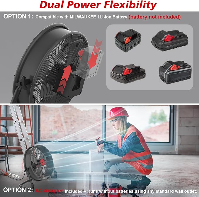 12" Battery Operated Floor Fan Compatible with M18 18V Battery, Portable Fan with AC Adapter and USB Output, Metal