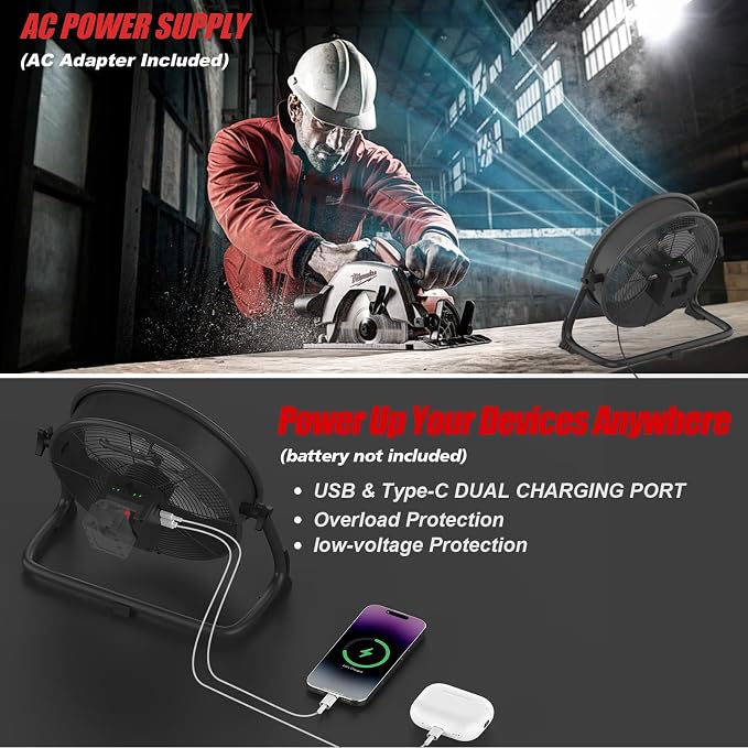 12" Battery Operated Floor Fan Compatible with M18 18V Battery, Portable Fan with AC Adapter and USB Output, Metal
