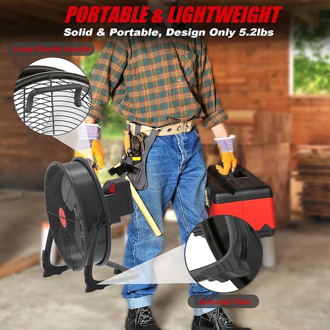 12" Battery Operated Floor Fan Compatible with M18 18V Battery, Portable Fan with AC Adapter and USB Output, Metal