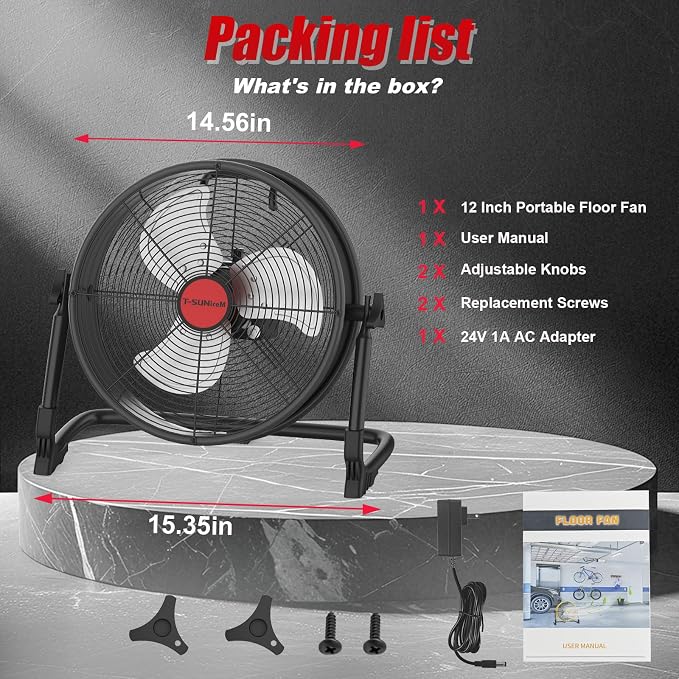 12" Battery Operated Floor Fan Compatible with M18 18V Battery, Portable Fan with AC Adapter and USB Output, Metal