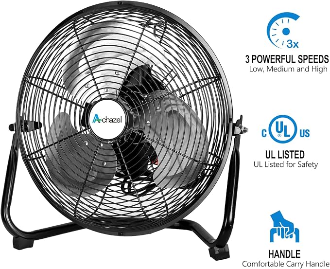 12" High Velocity Floor Fan, 3-Speed Heavy Duty Metal Fan with 180° Tilt, Commercial, Residential, Gym, Home Use, UL Listed
