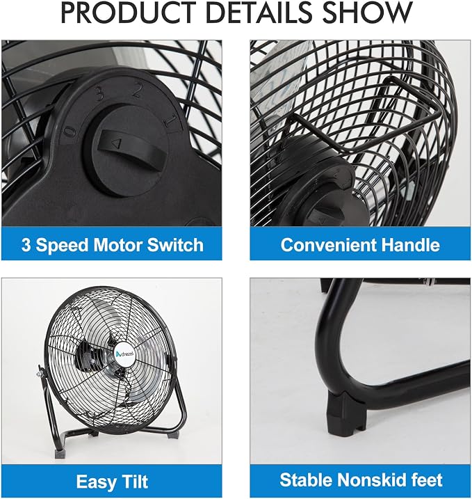 12" High Velocity Floor Fan, 3-Speed Heavy Duty Metal Fan with 180° Tilt, Commercial, Residential, Gym, Home Use, UL Listed