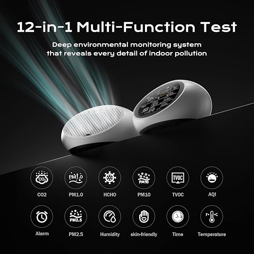 12-in-1 Air Quality Monitor Indoor, Portable Air Quality Monitor, for CO2, PM1.0, PM2.5, HCHO, TVOC and Others, Air Quality