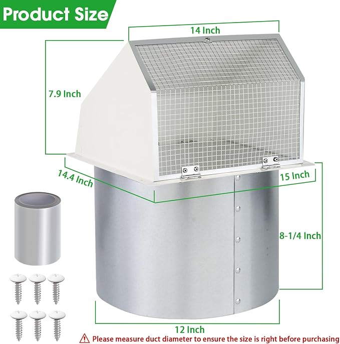 12 Inch Hooded Wall Vent with Screen and Damper, Outdoor Wall Exhaust Vent Cover Cap for Duct Dryer Range Hood Exterior