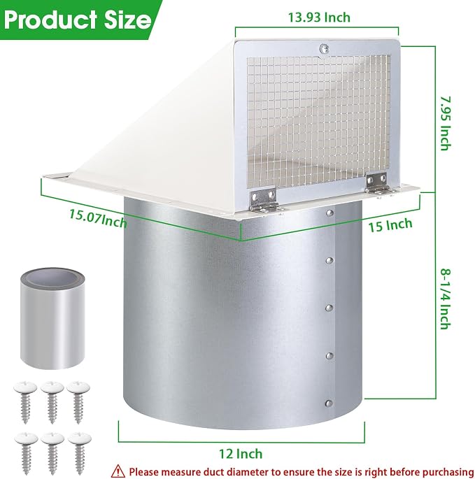 12 Inch Hooded Wall Vent with Screen and Damper,Outdoor Wall Exhaust Cover Cap Dryer Vent Cover for Duct HVAC Dryer AC Range