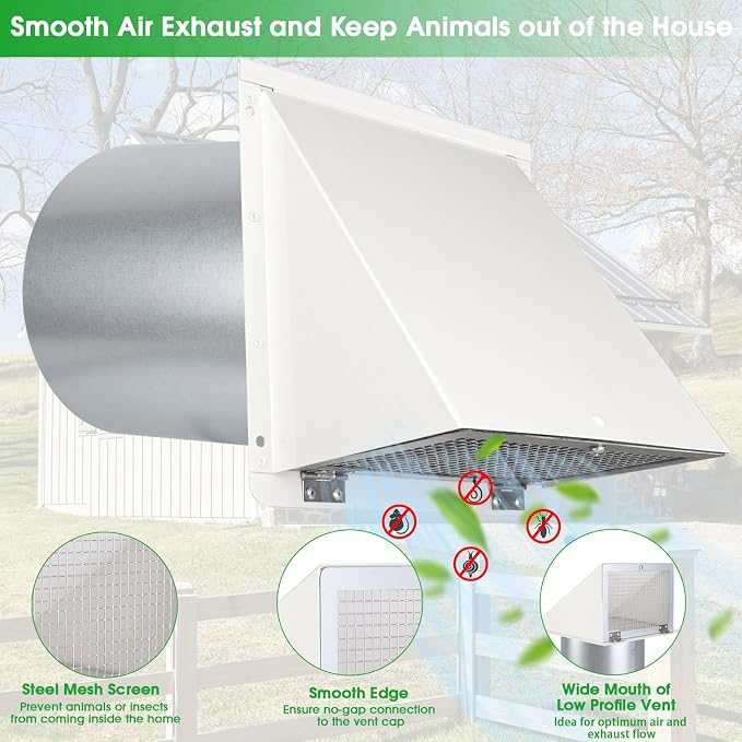 12 Inch Hooded Wall Vent with Screen and Damper,Outdoor Wall Exhaust Cover Cap Dryer Vent Cover for Duct HVAC Dryer AC Range