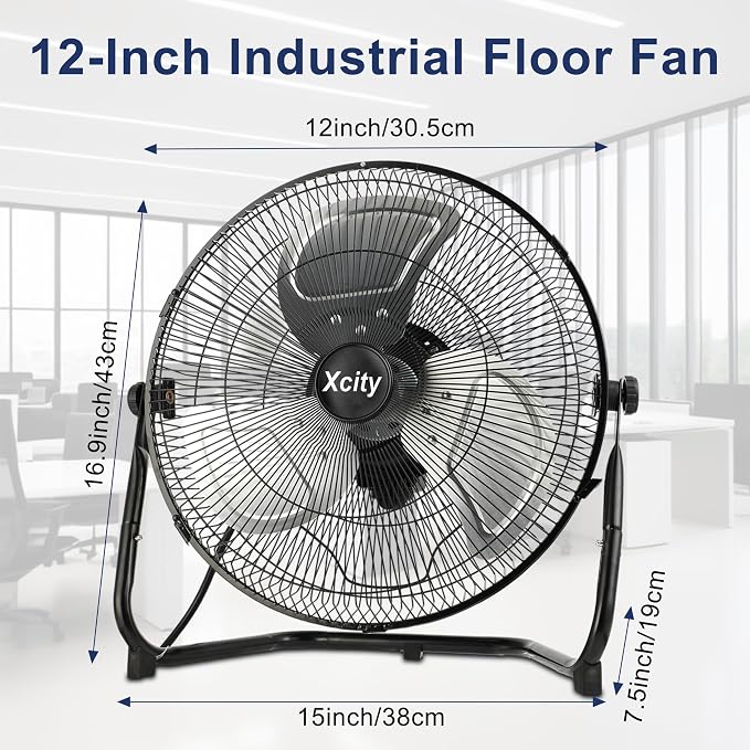 12 Inch Metal Industrial Floor Fans, Max 1800 CFM, Heavy Duty High Velocity Fan with 3-speed and 360°Adjustable Tilt, for